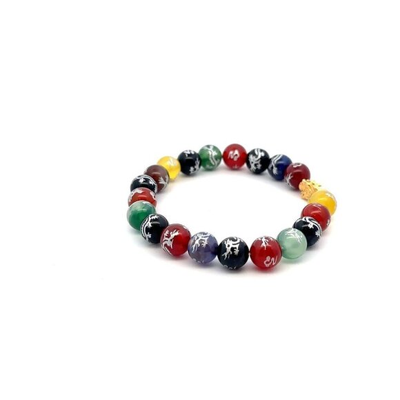 18K Gold Dragon Pixiu Piyao Lucky Charm Bracelet Gemstones Agate Multicolor 8mm - Picture 5 of 5